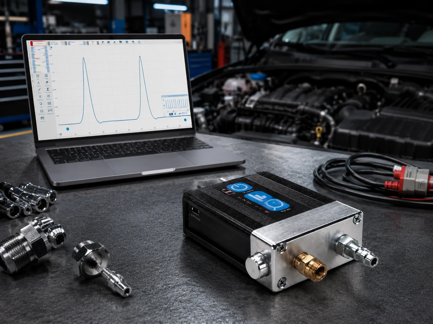 Transductor de presión Pico WPS500X conectado a un portátil con PicoScope para diagnosis de automoción