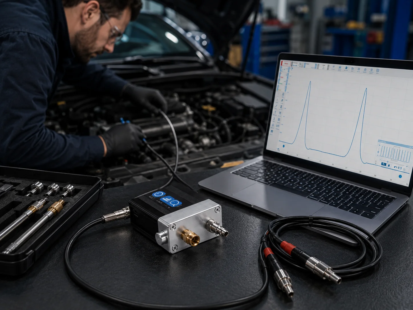 Transductor de presión WPS500X conectado a PicoScope para prueba de presión en cilindro